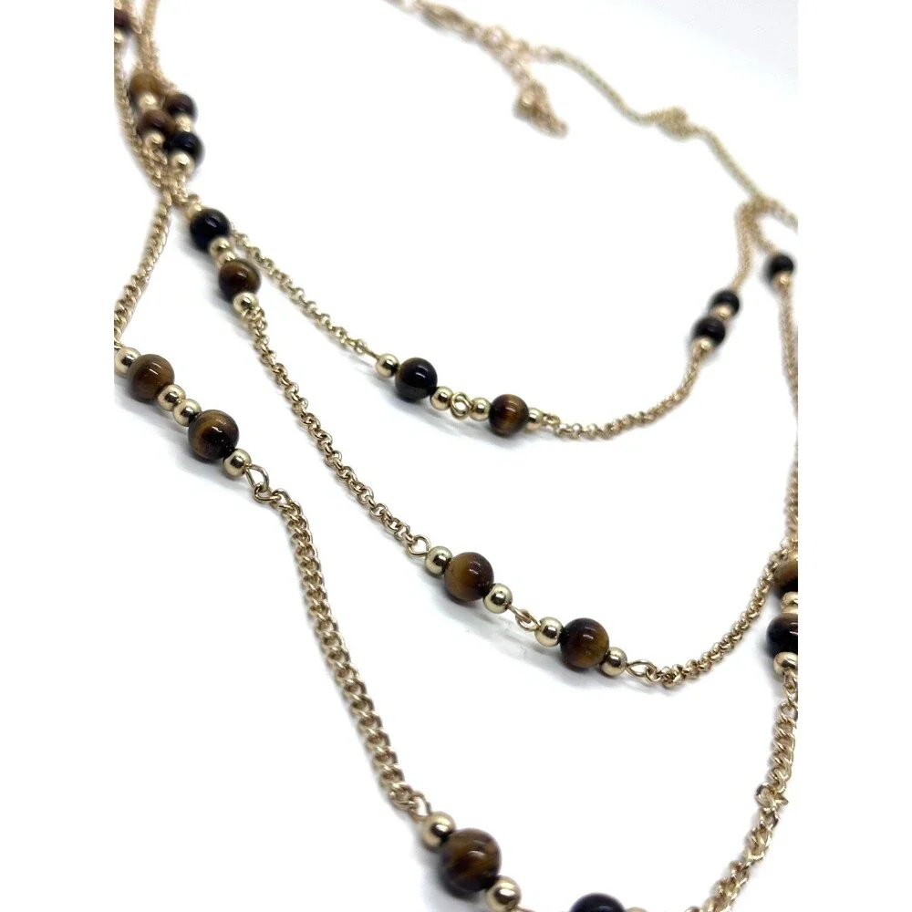 Vintage Goldtone Triple Chain Tiger's Eye Beaded 24
